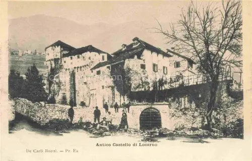 AK / Ansichtskarte LOCARNO Lago Maggiore TI Castello Burg Festung Mauerwerk Turm Personen Baeume Berge