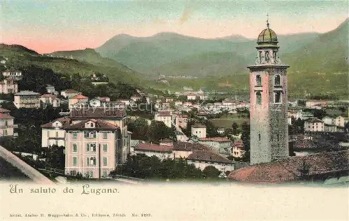 AK / Ansichtskarte LUGANO Lago di Lugano TI Kirchturm Kuppel Ortschaft Berge See Daecher Wohnhaeuser