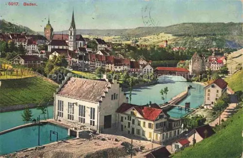 AK / Ansichtskarte BADEN  AG (Schweiz) Limmat Fluss Altstadt Kirche Bruecke Kraftwerk Daecher Hanglagen