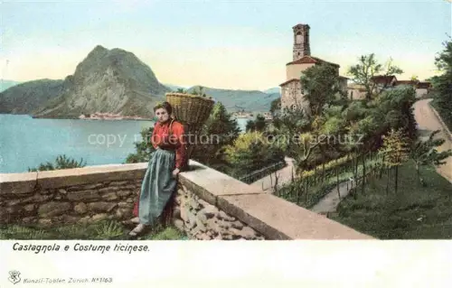 AK / Ansichtskarte Castagnola-Cassarate Costume-ticinese Frau Tracht Korb See Monte-San-Salvatore Kirchturm Weinberg Luganer-See