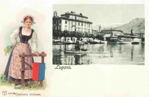 AK / Ansichtskarte LUGANO Lago di Lugano TI Costume-ticinese Frau Tracht Hafen Dampfschiff See Ruderboot Bergpanorama