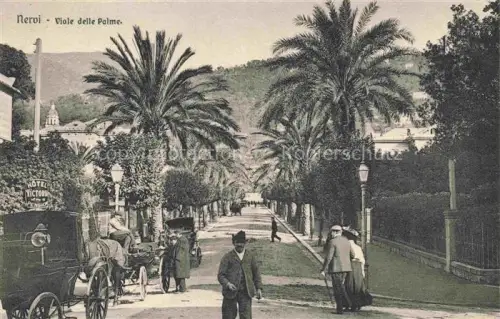 AK / Ansichtskarte Nervi GENOVA Genua Liguria IT Viale-delle-Palme Palmenallee Hotel-Victoria Pferdekutschen Passanten Huegel