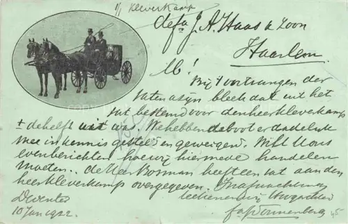 AK / Ansichtskarte Deventer Overijssel NL Pferdegespann Kutsche Stalhouderij Goederenvervoer Firmenbriefkarte Zweispaenner