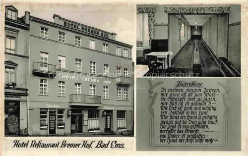 AK / Ansichtskarte BAD EMS Rheinland-Pfalz Hotel-Bremer-Hof Restaurant Bahnhofstrasse Jaegersklage Kurort Hotelflur Fassade