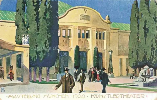 AK / Ansichtskarte Allach MueNCHEN Bayern Ausstellung Kunstlertheater Jugendstil Passanten Zypressen Ausstellungsgebaeude