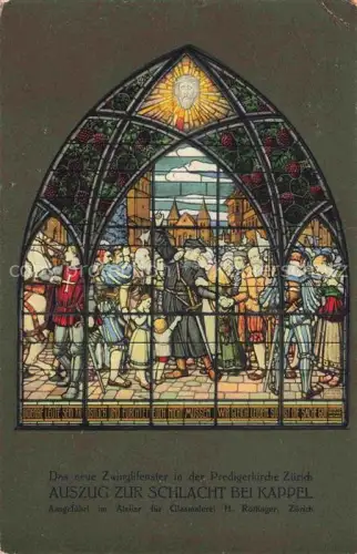 AK / Ansichtskarte Kappel Albis ZH Zwinglifenster Predigerkirche Glasmalerei Schlachtbild Reformationsfeier Zwingli Soldaten