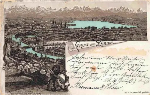 AK / Ansichtskarte ZueRICH  ZH Zuerichsee Limmat Kirchen Altstadt Alpen Lithographie Zuercher-Wappen