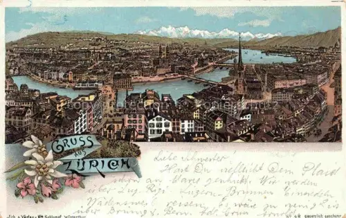 AK / Ansichtskarte ZueRICH  ZH Zuerichsee Limmat Kirchen Altstadt Alpen Lithographie Edelweiss