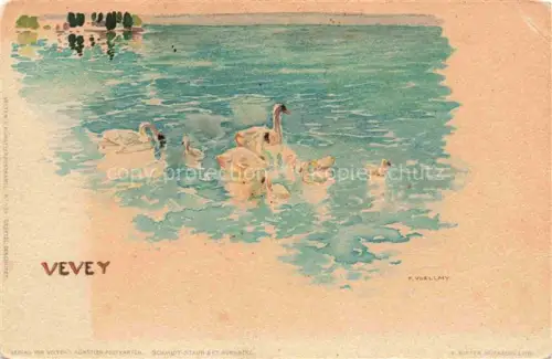 AK / Ansichtskarte VEVEY VD Genfersee Schwaene Seeufer Wasservoegel Kunstkarte Illustration