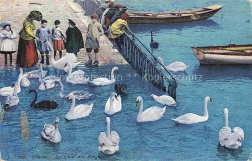 AK / Ansichtskarte GENEVE Genf GE Quai-des-Bergues Schwaene Rhône Boote Frauen Kinder Treppe Fuettern
