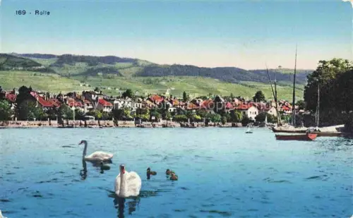 AK / Ansichtskarte Burtigny ROLLE VD Genfersee Schwaene Segelboot Stadtansicht Weinberge Huegel Hafen