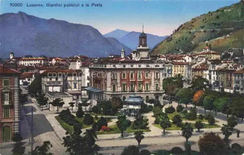 AK / Ansichtskarte LOCARNO Lago Maggiore TI Giardini-pubblici Posta Brunnen Park Baeume Berge Stadtansicht Kiosk