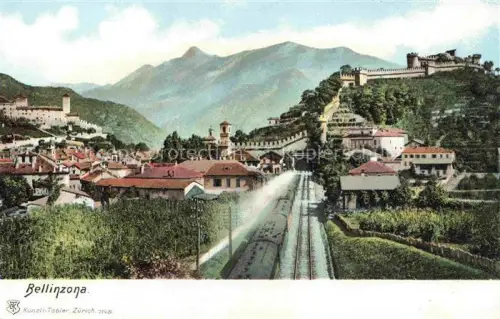 AK / Ansichtskarte BELLINZONA TI Eisenbahn Burgen Castelgrande Bahnhof Berge Stadtpanorama Tunnel Weinberge