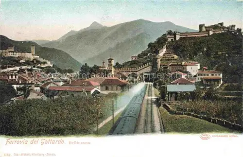 AK / Ansichtskarte BELLINZONA TI Ferrovia-del-Gottardo Eisenbahn Bahnlinie Burgen Stadtpanorama Berge Tunnel Weinberge