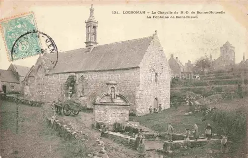 AK / Ansichtskarte Locronan Chateaulin 29 Finistere Chapelle-N.D.-de-Bonne-Nouvelle Fontaine-de-Saint-Renan Kapelle Brunnen Dorfbewohner Steingebaeude Waescherinnen Karren