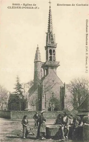 AK / Ansichtskarte Cleden-Poher Chateaulin 29 Finistere Eglise Kirchturm Bretagne Dorfkinder Brunnen Steinkirche Baeume