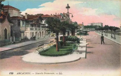 AK / Ansichtskarte ARCACHON 33 Gironde Nouvelle-Promenade Palmen Villen Gaslaternen Passanten Parkanlage Handkoloriert
