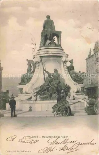 AK / Ansichtskarte VALENCE -SUR-RHONE 26 Drome Monument-Emile-Augier Denkmal Skulptur Platz Personen Karren Gebaeude