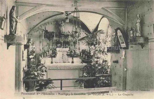 AK / Ansichtskarte Montigny-le-Gannelon Chateaudun 28 Eure-et-Loir Pensionnat-Ste-Philomène Kapelle Altar Blumenschmuck Heiligenstatuen Kronleuchter Kircheninneres Gewoelbe