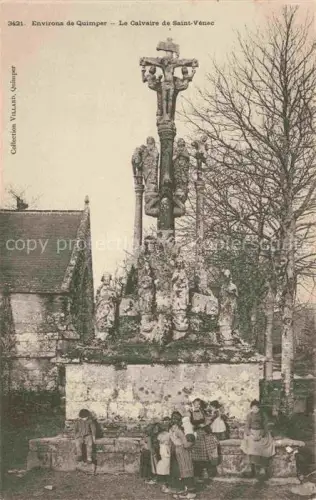 AK / Ansichtskarte Briec Calvaire-de-Saint-Vénec Calvaire Kruzifix Heiligenstatuen Kinder Baeume Kapelle Steinkreuz