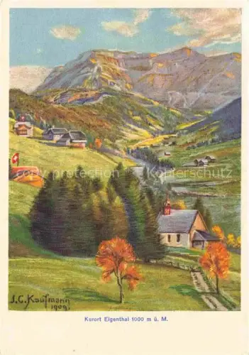 AK / Ansichtskarte Eigenthal Luzern LU Kurort Kapelle Bergtal Alpen Baeume Schweizerfahne Herbst Berghuetten