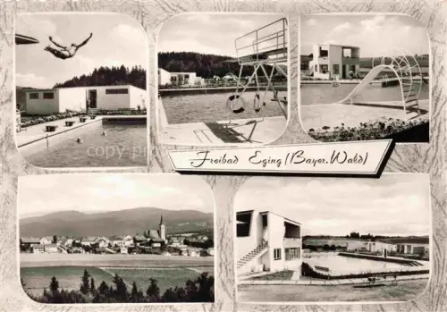 AK / Ansichtskarte Eging  am See Bayerischer Wald Bayern Freibad Sprungturm Rutsche Schwimmbecken Dorfpanorama Kirche Mehrbildkarte