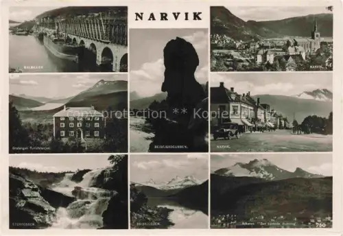 AK / Ansichtskarte Narvik Norway Malmkaien Beisfjorden Beisfjordgubben Storfossen Gratangen-Turiststasjon Narvik-Stadtansicht Wasserfall Berge