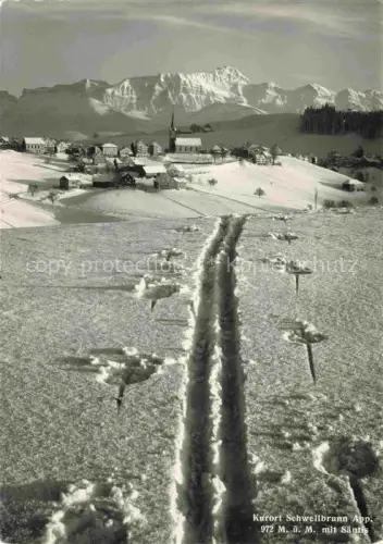 AK / Ansichtskarte Schwellbrunn Appenzell AR Winterlandschaft Schnee Dorf Kirche Saentis Berge Skipiste