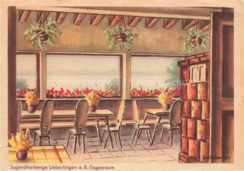 AK / Ansichtskarte ueberlingen Bodensee BW Jugendherberge Tagesraum Bodensee Tische Stuehle Kachelofen Pflanzen Illustration