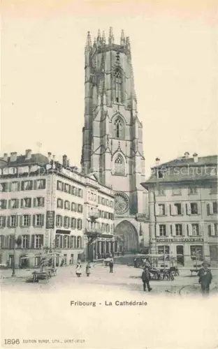 AK / Ansichtskarte FRIBOURG  FR Kathedrale Turm Platz Passanten Geschaefte Camille-St-Romain-Fils Marktplatz Gotik
