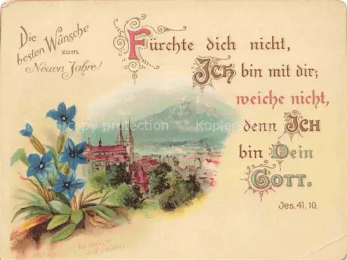 AK / Ansichtskarte LUZERN  LU Pilatus Neujahrsgruss Stadtansicht Kirchturm See Bergpanorama Enzian Bibelspruch