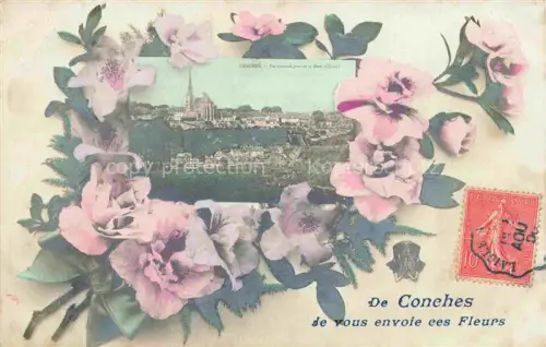 AK / Ansichtskarte Conches-en-Ouche EVREUX 27 Eure Blumenrahmen Stadtpanorama Kirche Route-d Evreux Haeuser Fluss Baeume