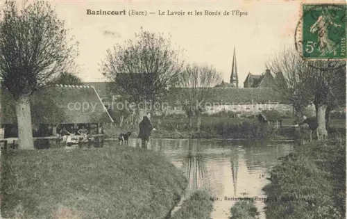 AK / Ansichtskarte Bazincourt-sur-Epte ANDELYS 27 Eure Lavoir Epte Fluss Waescherei Kirchturm Weiden Hund Baeume