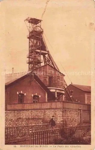 AK / Ansichtskarte Montceau-les-Mines Montceaux-l Etoile Charolles 71 Saone-et-Loire Puits-des-Alouettes Foerderturm Bergwerk Schacht Fabrikgebaeude Zaun Person