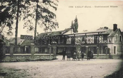 AK / Ansichtskarte Cailly-sur-Eure LES ANDELYS 27 Eure Etablissement-Milants Hotel-des-Deux-Sapins Herrenhaus Personengruppe Eingangstor Baeume