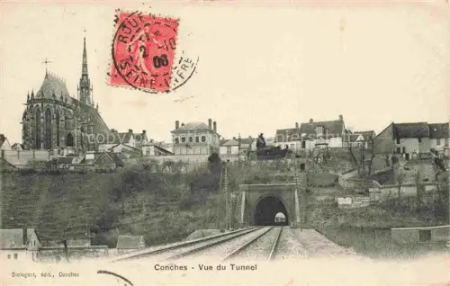 AK / Ansichtskarte Conches-en-Ouche EVREUX 27 Eure Eisenbahntunnel Gleise Kirche Kirchturm Daecher Huegel