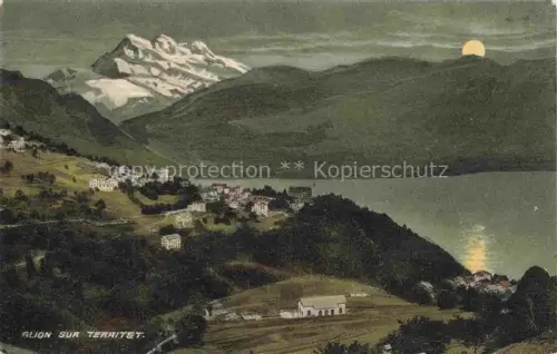 AK / Ansichtskarte Glion  VD Glion-sur-Territet Lac-Léman Mondschein Berge Schneeberge Ortschaft Nachtansicht Handkoloriert