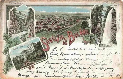 AK / Ansichtskarte Bienne BIEL-BIENNE Taubenloch Hôtel-Macolin Stadtpanorama Lithographie Wasserfall Felsschlucht