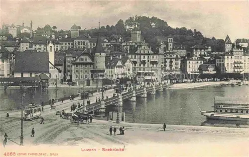 AK / Ansichtskarte LUZERN  LU Seebruecke See Bruecke Strassenbahn Dampfschiff Altstadt Tuerme Passanten Pferdekutsche