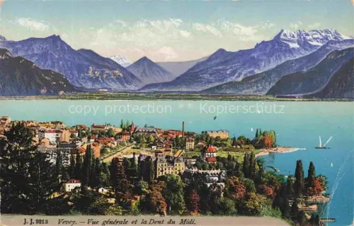 AK / Ansichtskarte VEVEY VD Dent-du-Midi Genfersee Ortschaft Weinberge Segelboote Alpen Dampfschiff