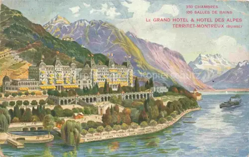 AK / Ansichtskarte MONTREUX  VD Grand-Hôtel Hôtel-des-Alpes Genfer-See Alpen Dampfschiff Lawn-Tennis-Club Illustration