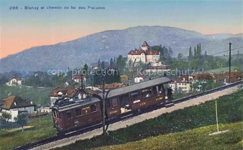 AK / Ansichtskarte Blonay-Saint-Legier Blonay-sur-Vevey VD Chemin-de-fer-des-Pléiades CEV Bahn Schloss Dorf Berglandschaft Koloriert