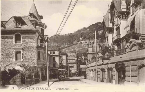 AK / Ansichtskarte MONTREUX  VD Grande-Rue Strassenbahn Strasse Villen Weinberge Huegel Geschaefte