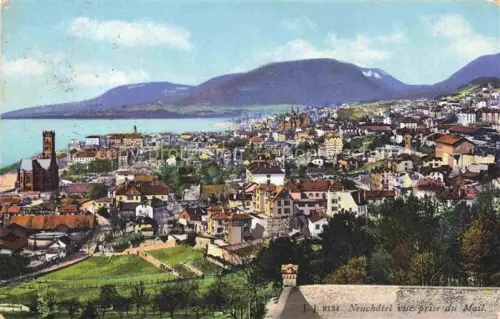AK / Ansichtskarte Neuenburg  Neuchatel NE Mail Stadtpanorama See Berge Kirche Daecher Helvetia-Briefmarke