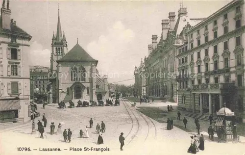 AK / Ansichtskarte LAUSANNE VD Place-Saint-François Eglise-Saint-François Passanten Strassenbahn-Schienen Kiosk Geschaefte