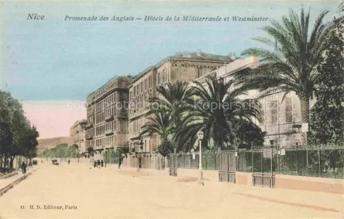 AK / Ansichtskarte NICE   Nizza 06 Alpes-Maritimes Promenade-des-Anglais Hotel-de-la-Méditerranée Hotel-Westminster Palmen Passanten Zaun Laterne