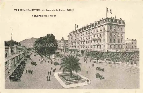 AK / Ansichtskarte NICE   Nizza 06 Alpes-Maritimes Terminus-Hotel Gare Strassenszene Strassenbahn Autos Palme Platz Illustration