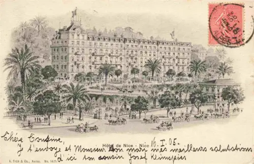 AK / Ansichtskarte NICE   Nizza 06 Alpes-Maritimes Hôtel-de-Nice Palmen Garten Kutschen Passanten Flaggen Illustration
