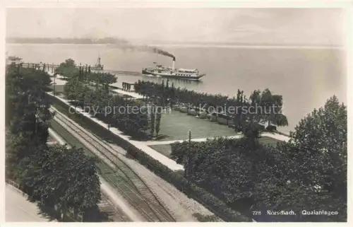 AK / Ansichtskarte RORSCHACH Bodensee SG Quaianlagen Bodensee Dampfschiff Bahngleise Park Baeume Promenade