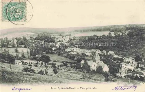 AK / Ansichtskarte Lyons-la-Foret Les Andelys 27 Eure Ort Kirche Daecher Wald Huegel Felder Gesamtansicht
